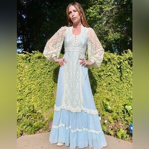GUNNE SAX Vintage Jessica McClintock blue lace pearl 70s Dress‎